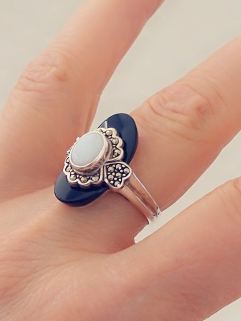 Estate Opal, Marcasite & Onyx Gemstone Ring Sterling Silver 925